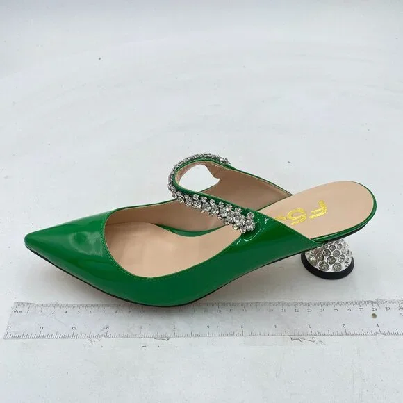 FSJ Emerald Rhinestone Cone Low Heel Mule Pointed Toe One Strap Slip On Sandals - Picture 2 of 8